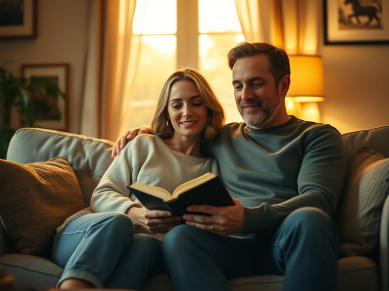 COUPLE READING THE BIBLE TOGETHER SITTING ON A COUCH