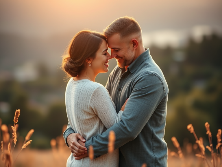 couple embracing in a serene landscape; unconditional love