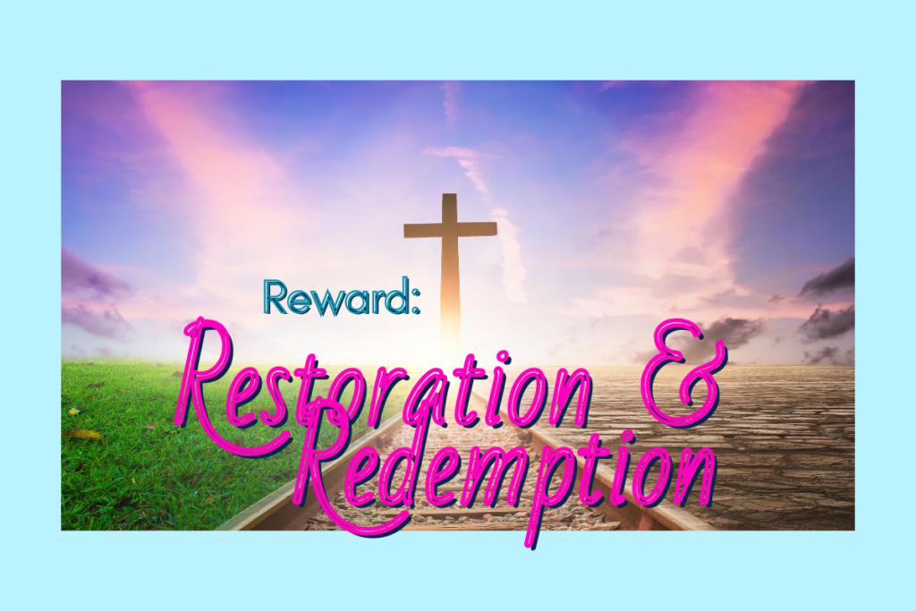 Journey to Restoration: A Titus 2 Wife’s Story of Grief, Grace, and Legacy 6 Reward: Restoration and Redemption a train track through a valley with a purple sky and a cross in the brightly lit skyline.