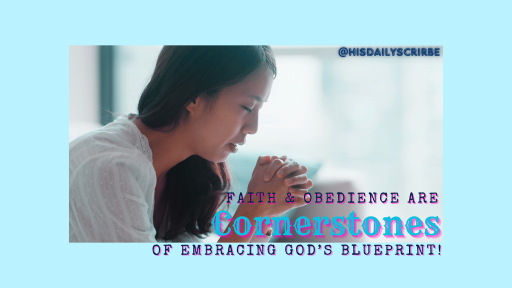 A woman sitting down with head bowed and hands folded in prayer. Embracing God’s blueprint for your life through faith and obedience.