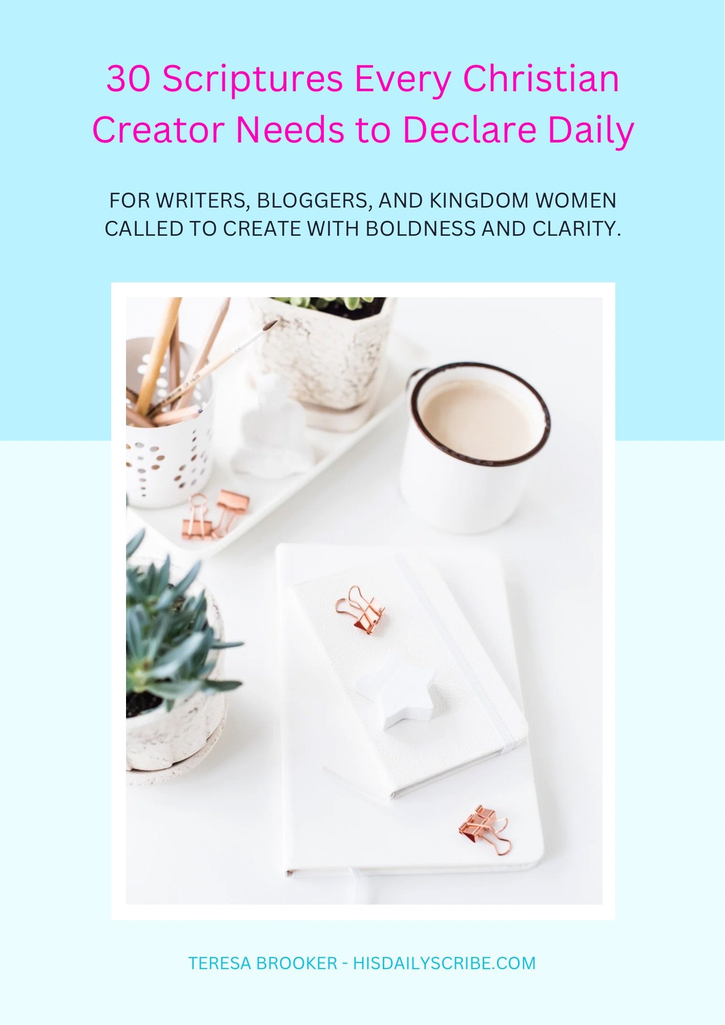 Shop 2 White Bible and journal with rose gold binder clips, a cup of coffee, a tray with a cup of pens and a small plant and another small plant on the desk all laid out aesthetically.