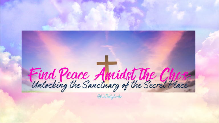 Pink and purple clouds background with a gold cross in the center. Find peace amidst the chaos: unlocking the sanctuary of the secret place.