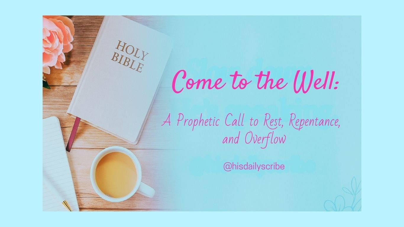 Wooden table with a white Bible and cup of coffee and words on a blue overlay to the right: Come to the Well: A prophetic call to rest, repentance, and overflow!