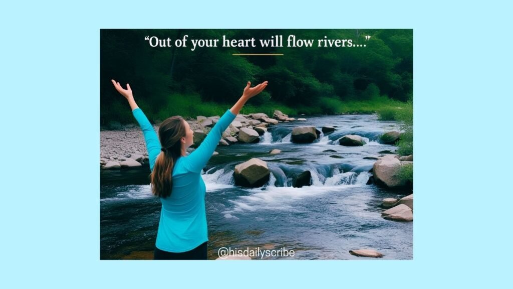Come to the Well: A Prophetic Call to Rest, Repentance, and Overflow 4 A woman standing in front of a stream with hands held high in praise. rapids and boulders are scattered throughout the waters , surrounded by trees.