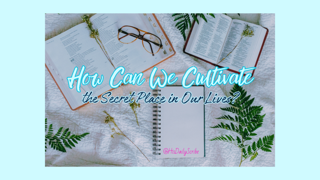 Find Peace Amidst the Chaos: Unlocking the Sanctuary of the Secret Place 4 a cloth covered table with Bibles and a journal and glasses with green floral sprays laid out on top.