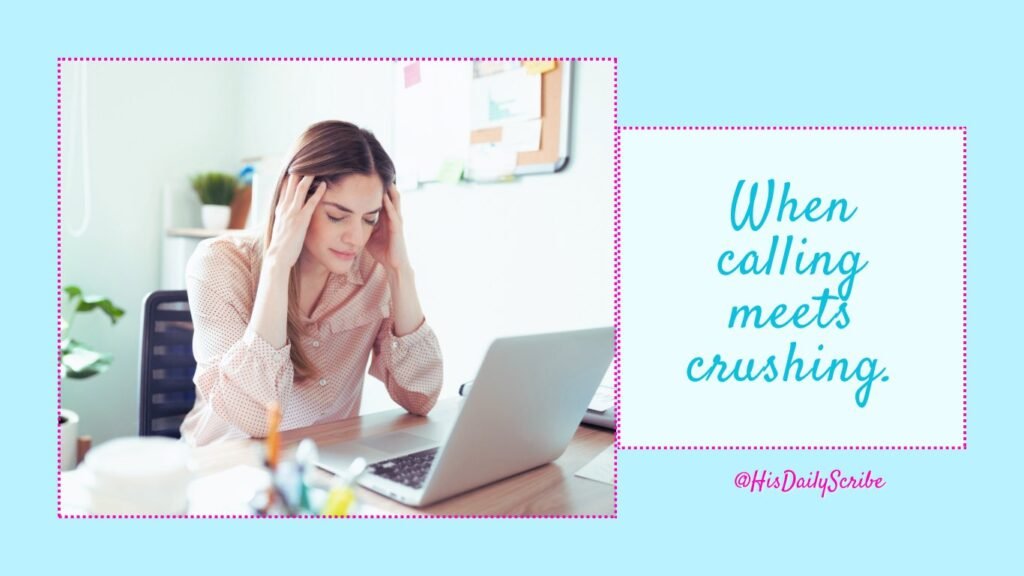 Grieving With Purpose: When Pain Doesn’t Cancel Your Calling 2 Tired woman at computer holding her head, reflecting the emotional toll of grief and purpose colliding.