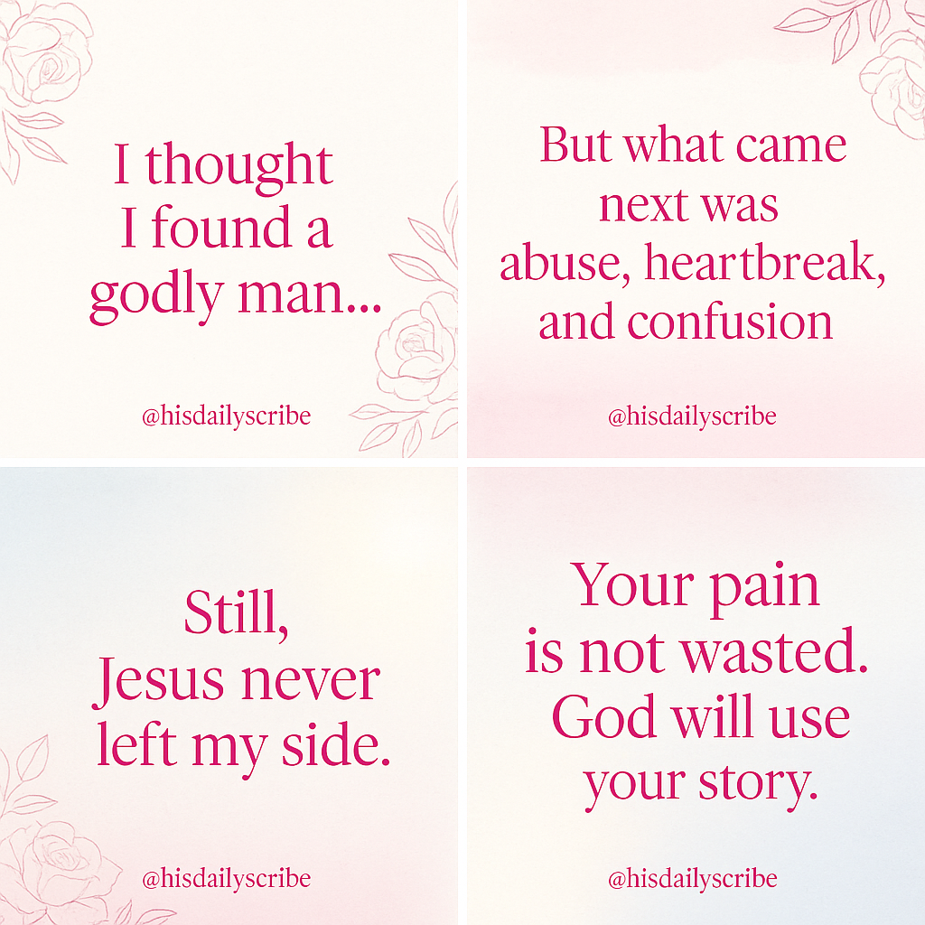 The Winds of Change: When Life Doesn’t Go as Planned 3 Testimony-style 4-panel image with the following text: “I thought I found a godly man… But what came next was abuse, heartbreak, and confusion. Still, Jesus never left my side. Your pain is not wasted. God will use your story.”
