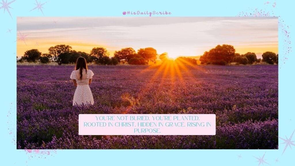 Planted With Purpose: Rooting Your Identity in Christ Before You Rise 2 Woman in a purple flower field with sunrise light, caption reads: "You’re not buried. You’re planted." Rooting your identity in Christ.