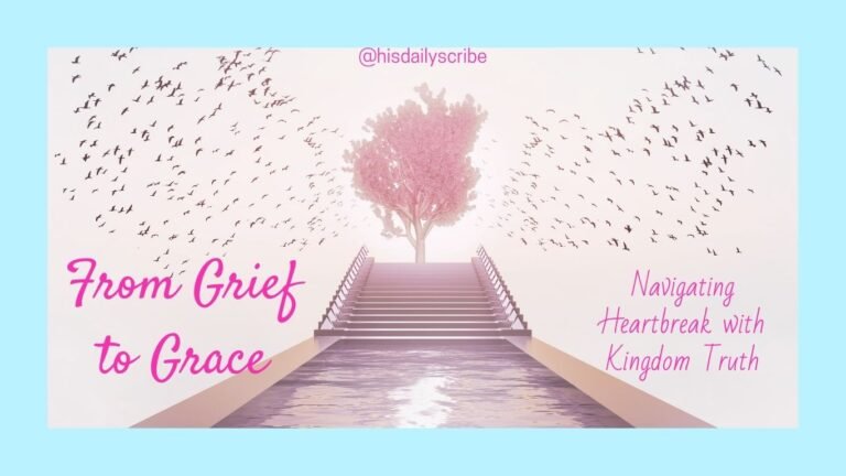 From Grief to Grace blog banner — woman ascending steps with pink tree and birds in flight