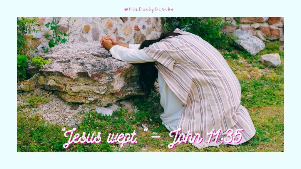 The Grief No One Sees: Healing from What You Can’t Even Explain 3 Woman kneeling and weeping at a stone altar outdoors, with verse “Jesus wept. – John 11:35” in script font