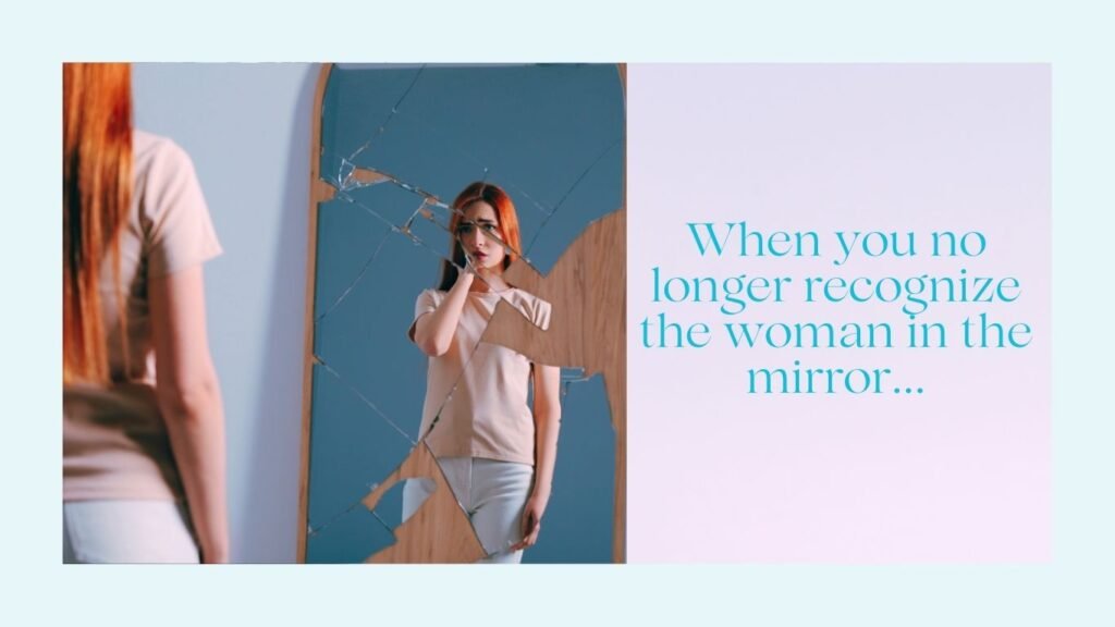 Broken mirror reflection of woman questioning her spiritual identity after trauma