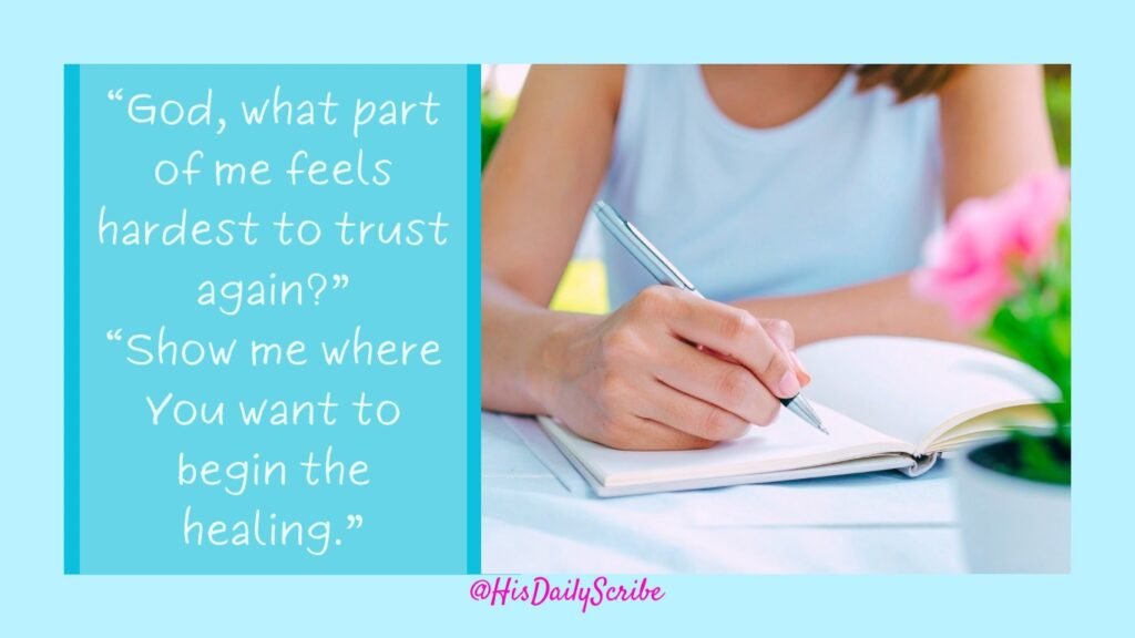 Journal prompt for healing after betrayal – woman writing with flowers in background