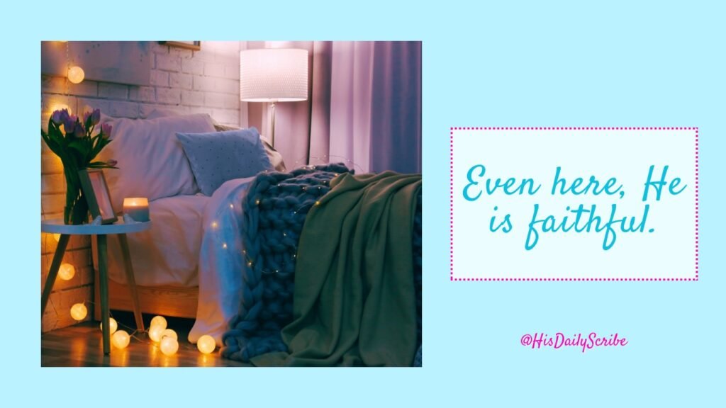 Bedside with glowing lights, cozy knit blanket, and peaceful atmosphere. When the silence is sacred.