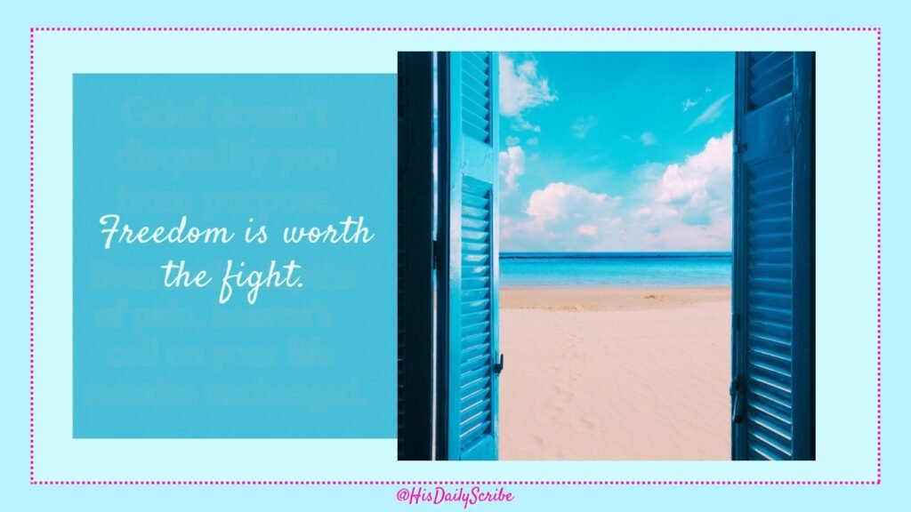 Blue shutters opening to a peaceful beach and blue sky, symbolizing freedom and fresh beginnings.