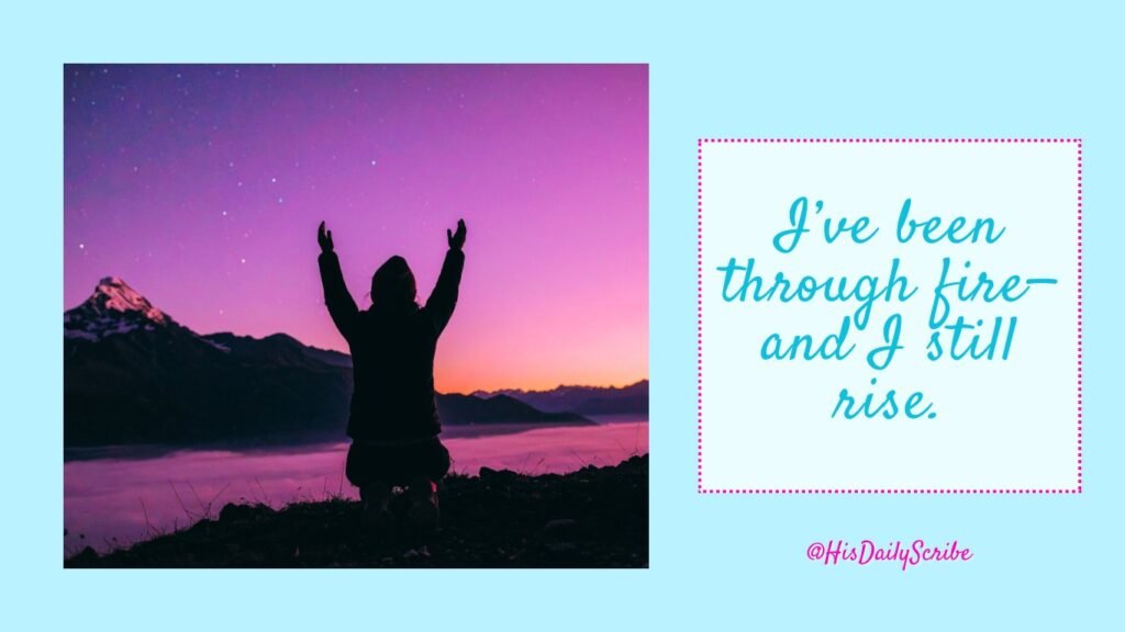 When the silence is sacred: Woman with arms raised at dawn on a mountaintop, silhouette against purple sky.