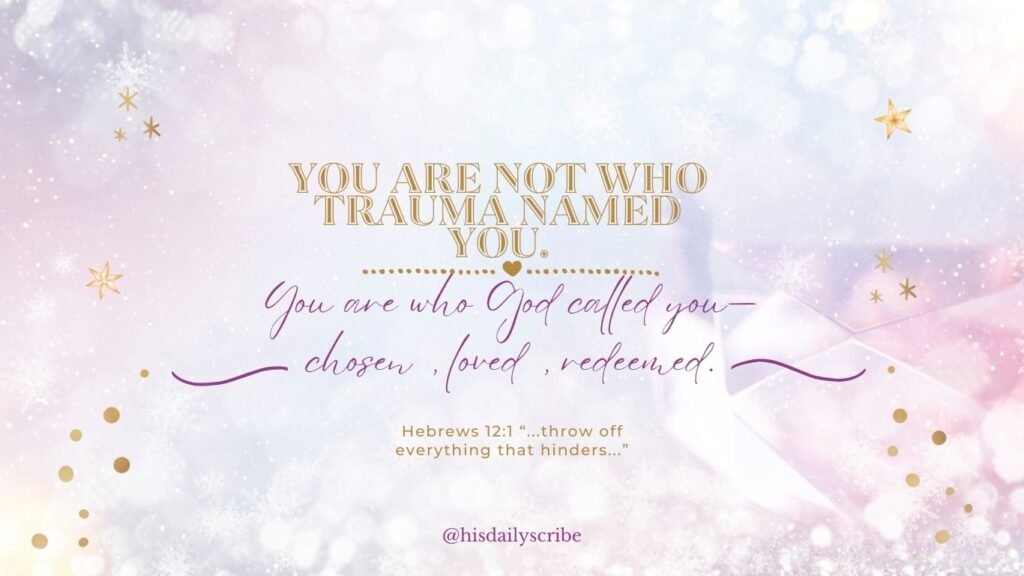 Pastel wintery background with stars: you are not who trauma named you. 