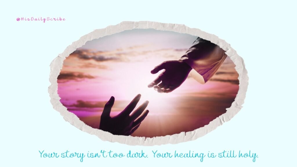 Oval frame with torn paper edges and the hand of God reaching down across a pink sky toward a human hand. This is my story 